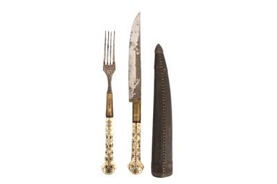 Lot 521 - A BALKAN BONE-HILTED CUTLERY SET WITH SCABBARD