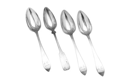 Lot 238 - Three early 19th century German 12 loth (750 standard) silver tablespoons, Königsberg dated 1802 by Johann Gottlieb Zimmermann II. (1768 - 1857)