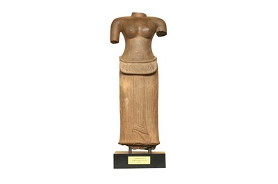 Lot 204 - A KHMER CARVED SANDSTONE STANDING STATUE OF A FEMALE GODDESS (UMA)