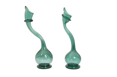 Lot 386 - A NEAR PAIR OF QAJAR FREE-BLOWN GREEN GLASS SPRINKLERS