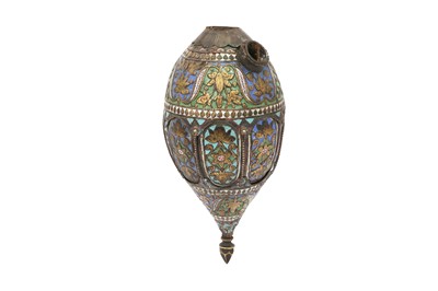 Lot 371 - A QAJAR POLYCHROME-ENAMELLED BRASS WATER PIPE (QALYAN)