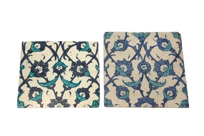 Lot 323 - TWO DAMASCUS POTTERY TILES WITH BLUE AND TURQUOISE LOTUS STEMS