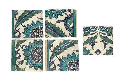 Lot 327 - FIVE DAMASCUS POTTERY TILES WITH LOTUS, ARABESQUE AND SAZ LEAF