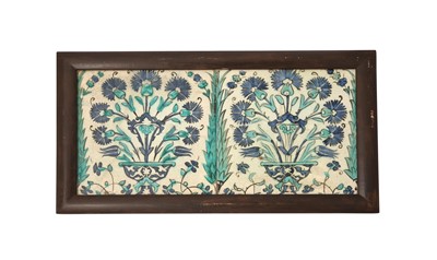 Lot 328 - TWO DAMASCUS POTTERY TILES WITH A VASE OF CARNATIONS AND CYPRESS TREES