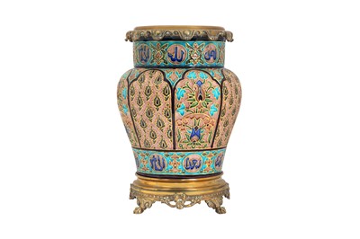 Lot 345 - A MOULDED SINO-ISLAMIC STYLE POTTERY VASE WITH BRASS MOUNT