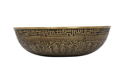 Lot 358 - AN ENGRAVED BRASS BOWL WITH ACHAEMENID-REVIVAL FIGURAL DECORATION