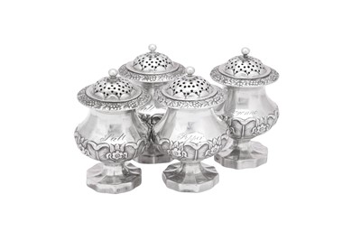 Lot 56 - A rare set of four mid-19th century Indian colonial silver cruets, Bombay circa 1850 by George Regel and Co (active 1844-52)