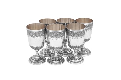 Lot 169 - A set of six mid- 20th century Iranian (Persian) silver goblets, Isfahan circa 1969-79