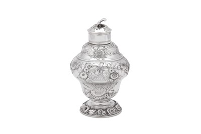 Lot 499 - A George II sterling silver tea caddy, London 1748 by Samuel Taylor (reg. 3rd May 1744)