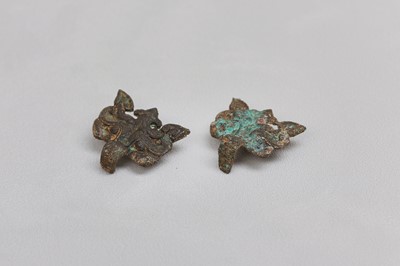 Lot 47 - A PAIR OF CHINESE GILT-BRONZE 'BEAST MASK' FITTINGS.