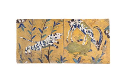 Lot 16 - A PANEL OF TWO SAFAVID CUERDA SECA POTTERY TILES WITH A POUNCING TIGER