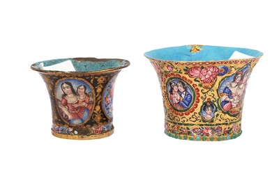 Lot 559 - TWO POLYCHROME-PAINTED ENAMELLED QALYAN CUPS WITH QAJAR MAIDENS