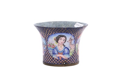 Lot 36 - A QAJAR POLYCHROME-PAINTED ENAMELLED BRASS QALYAN CUP WITH PORTRAITS OF WESTERN BEAUTIES