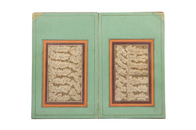 Lot 106 - A LACQUERED PAPIER-MÂCHÉ CONCERTINA MURAQQA' ALBUM WITH SHIKASTEH NASTA'LIQ CALLIGRAPHY