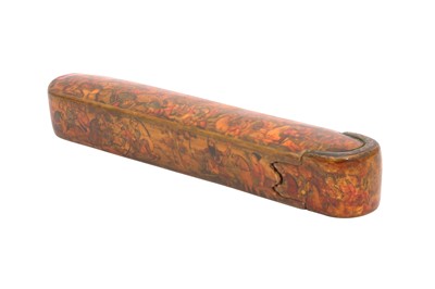 Lot 70 - A LACQUERED PAPIER-MÂCHÉ PEN CASE (QALAMDAN) DEPICTING THE BATTLE OF KARNAL (1739)