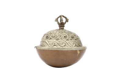 Lot 428 - A TIBETAN COPPER AND WHITE METAL KAPALA.