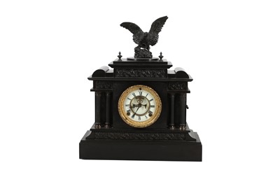 Lot 182 - AN AMERICAN BLACK SLATE MANTEL CLOCK, LATE 19TH CENTURY