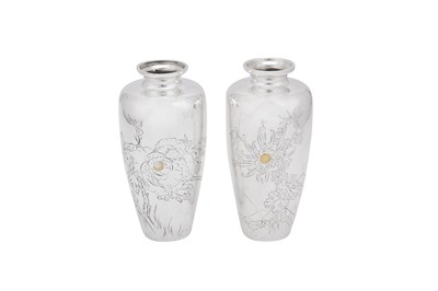 Lot 128 - A pair of early 20th century Japanese silver vases, Yokohama circa 1910