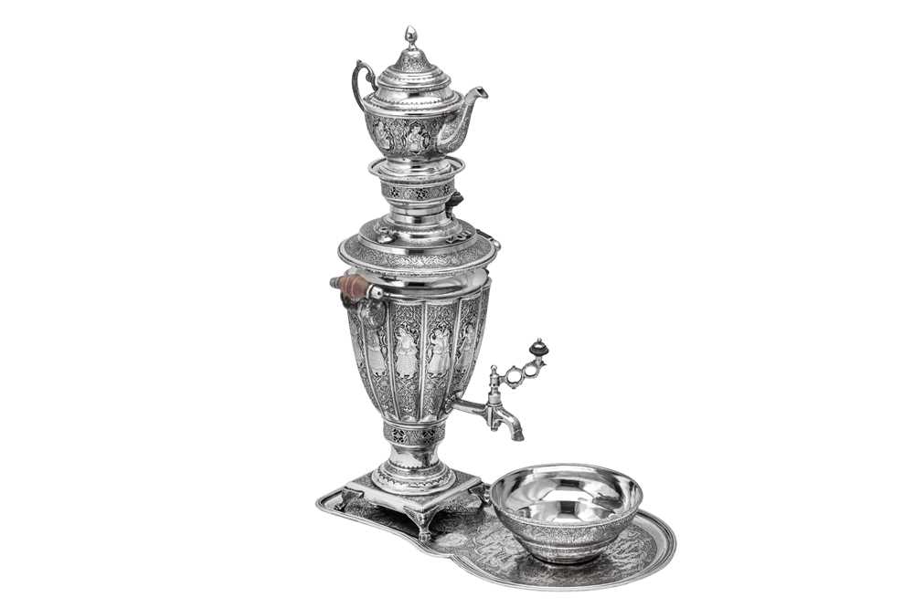 Lot 171 - A large mid-20th century Iranian (Persian) 840 standard silver samovar set, Isfahan circa 1960 mark of Bagher Parvaresh (c.1910-1978, master 1928)