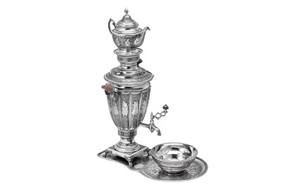 Lot 171 - A large mid-20th century Iranian (Persian) 840 standard silver samovar set, Isfahan circa 1960 mark of Bagher Parvaresh (c.1910-1978, master 1928)