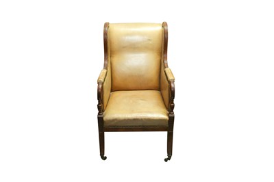 Lot 64 - A REGENCY MAHOGANY WING BACK LIBRARY ARMCHAIR