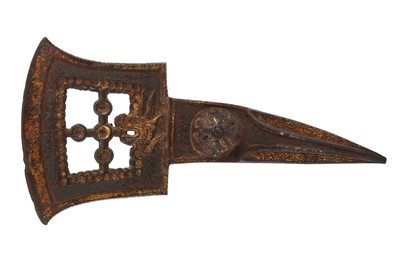 Lot 299 - A PARCEL GILT IRON BATTLE AXE HEAD, POSSIBLY TIBETAN OR MONGOLIAN