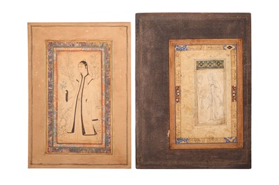 Lot 298 - TWO ARCHAISTIC SAFAVID REVIVAL-STYLE TINTED DRAWINGS OF A LADY AND TWO MEN
