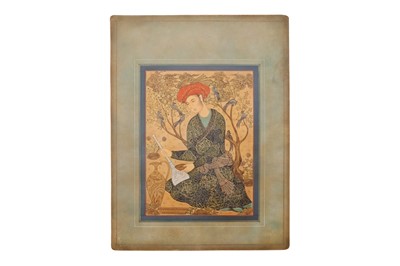 Lot 356 - AN ARCHAISTIC SAFAVID-REVIVAL PORTRAIT OF A SAQI (CUPBEARER)