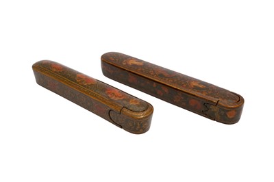 Lot 34 - TWO LACQUERED PAPIER-MÂCHÉ PEN CASES (QALAMDAN) WITH FEMALE PORTRAITS