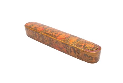 Lot 50 - A LACQUERED PAPIER-MÂCHÉ PEN CASE (QALAMDAN) WITH THE VIRGIN MARY AND CHILD