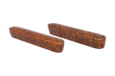 Lot 91 - TWO LACQUERED PAPIER-MÂCHÉ PEN CASES (QALAMDAN) WITH SUFI LITERARY FIGURES