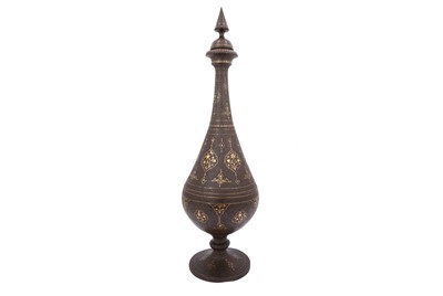 Lot 23 - A MONUMENTAL QAJAR GOLD-DAMASCENED STEEL BOTTLE
