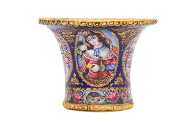 Lot 40 - A POLYCHROME-PAINTED ENAMELLED GOLD QALYAN CUP WITH QAJAR YOUTHS AND MAIDENS