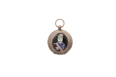 Lot 73 - A FULL HUNTER SILVER POCKET WATCH WITH A PORTRAIT OF MUZAFFAR AL-DIN SHAH QAJAR
