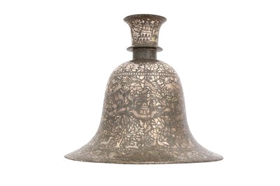 Lot 562 - A BIDRI SILVER-INLAID HUQQA BASE WITH SAILING VESSELS IN A RIVER AND WILD ANIMALS