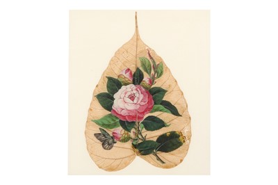 Lot 61 - A FLORAL STUDY OF A ROSE STEM ON A NATURAL DRIED OAK LEAF