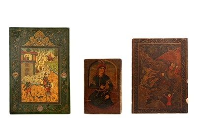 Lot 76 - THREE LACQUERED PAPIER-MÂCHÉ SINGLE FIGURAL BOOK COVERS