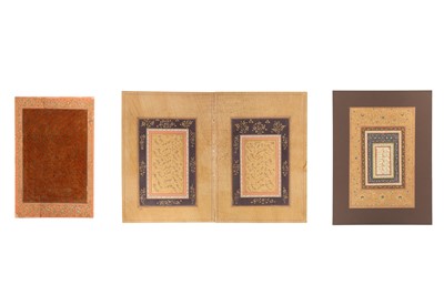 Lot 105 - THREE LARGE MURAQQA' ALBUM PAGES WITH SHIKASTEH NASTA’LIQ CALLIGRAPHY