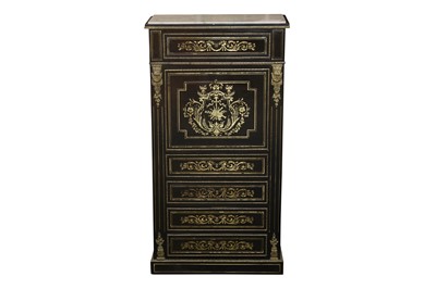 Lot 111 - AN EBONISED AND BRASS INLAID SECRETAIRE ABATTANT