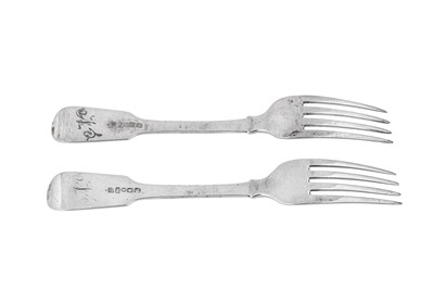 Lot 300 - A pair of William IV provincial sterling silver table forks, York 1835 by James Barber & William North