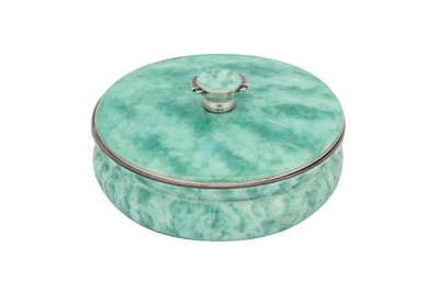Lot 23 - A large George V Art Deco sterling silver and enamel dressing table powder box, London 1934 by  Goldsmiths and Silversmiths