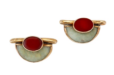 Lot 127 - Eileen Coyne l A pair of sard and jade earclips, circa 2009
