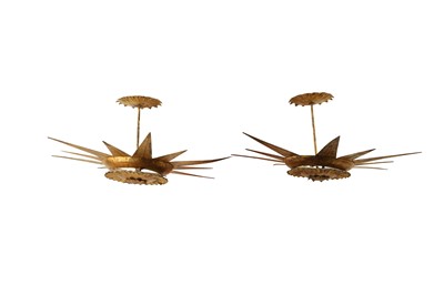 Lot 477 - A PAIR OF TWO LIGHT GILT METAL SUN FORM CEILING LIGHTS, 20TH CENTURY