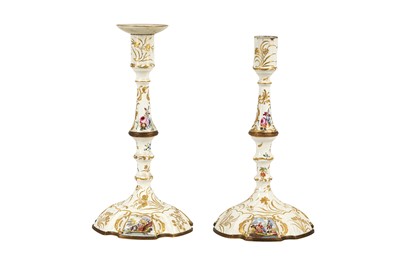 Lot 333 - A PAIR OF STAFFORDSHIRE ENAMEL CANDLESTICKS