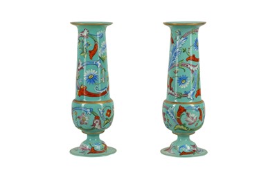 Lot 346 - A PAIR OF OPALINE GLASS PAINTED VASES, 19TH CENTURY