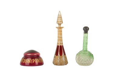 Lot 349 - A RUBY AND GILT GLASS DECANTER, POSSIBLY FOR THE OTTOMAN MARKET, 19TH CENTURY