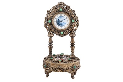 Lot 93 - A VIENNESE AUSTRIAN MUSICAL SILVER AND GILT PORTICO DESK CLOCK, LATE 19TH CENTURY