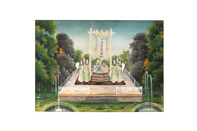 Lot 285 - RADHA AND KRISHNA ON A THRONE IN A GARDEN