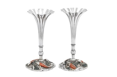 Lot 123 - A pair of early 20th century Japanese silver and cold painted enamel posy vases, Yokohama circa 1910 by Konoike (active c.1880-1921)