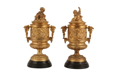 Lot 241 - A 20TH-CENTURY PAIR OF LOUIS XVI STYLE GILT BRONZE LIDDED VASES